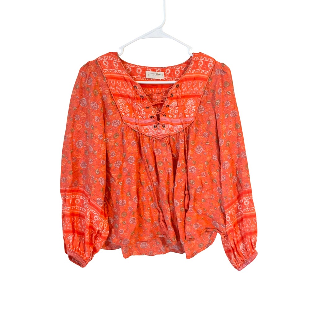 Lucky Brand Orange Floral Lace Up Boho Peasant Blouse Top Small